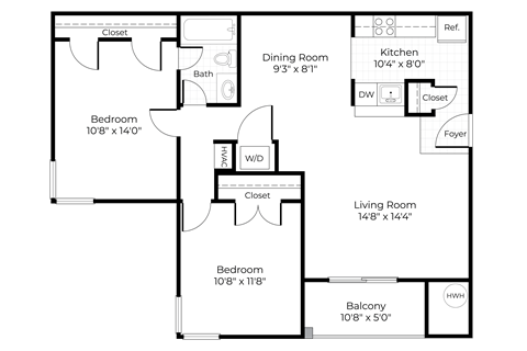 Floor plan for 2 beds, 1 bath, 877 sqft